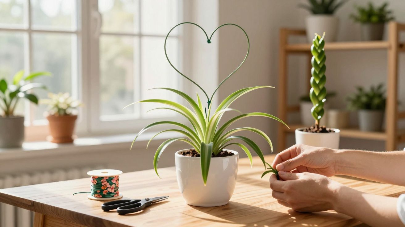Pessoa cuidando de planta com suporte em forma de coração em vaso branco sobre mesa de madeira.
