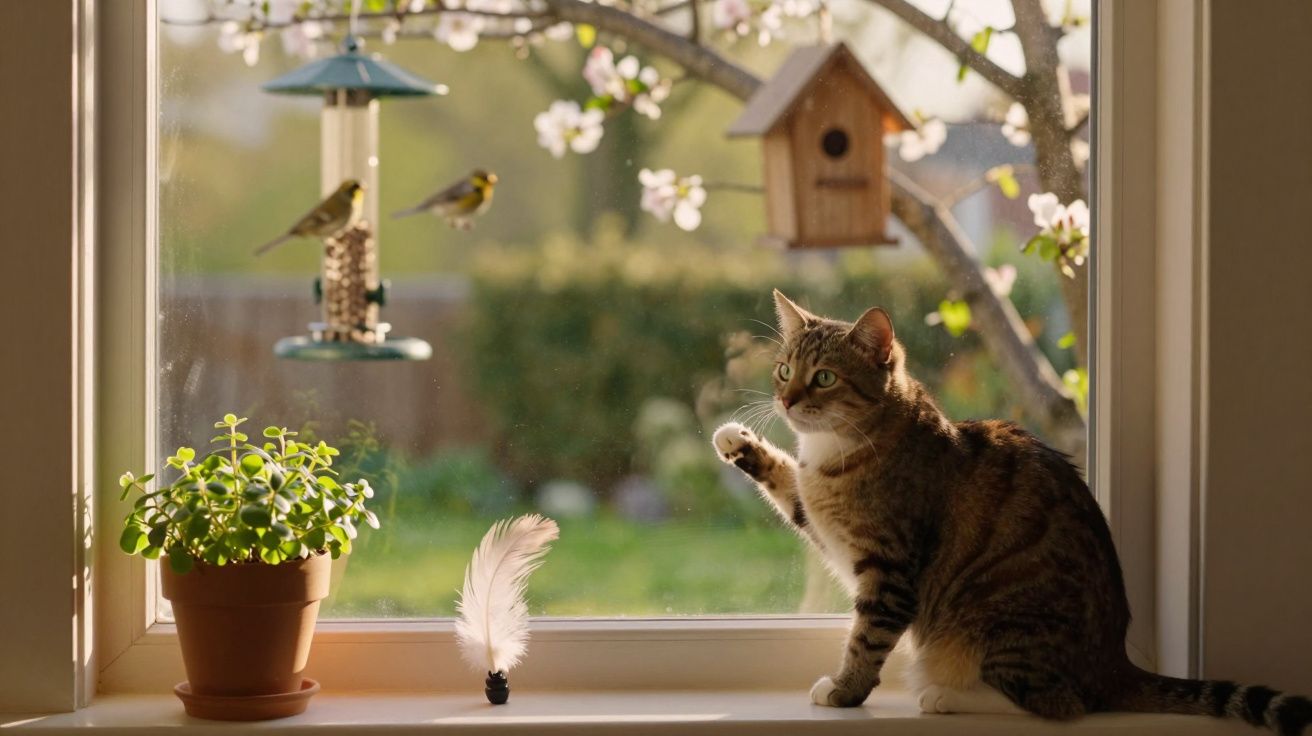Gato sentado no parapeito da janela observa dois pássaros em comedouro ao ar livre na primavera.