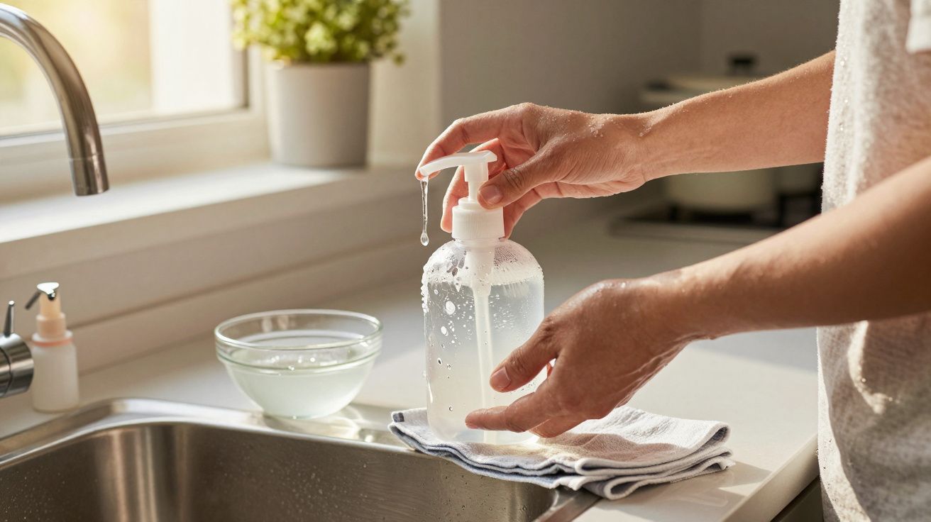 Pessoa apertando frasco de álcool em gel sobre pia de cozinha com toalha branca e planta ao fundo.