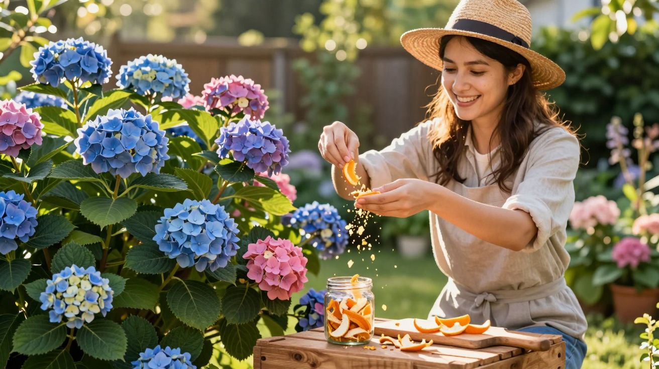 Mulher sorridente espreme laranja em jarra perto de flores hortênsia coloridas em jardim ensolarado.