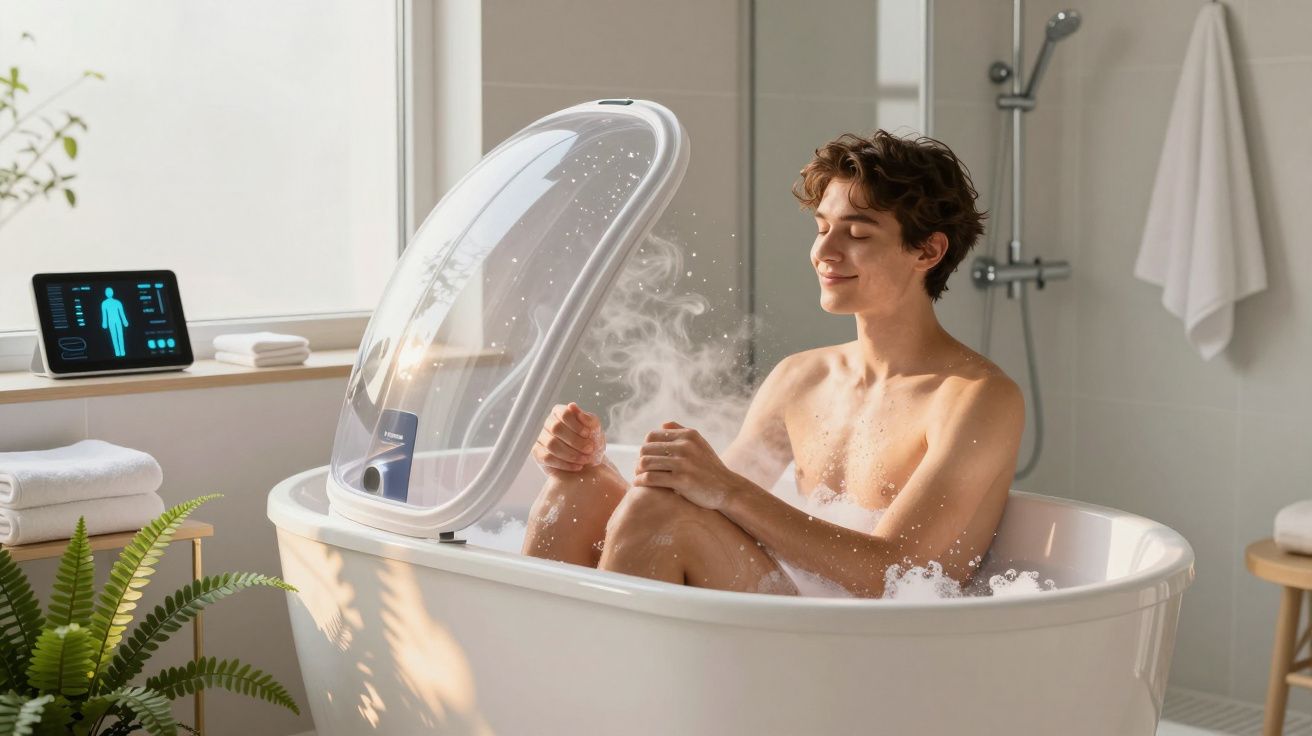 Jovem relaxa em banheira moderna com tampa de vapor em banheiro iluminado e decorado.