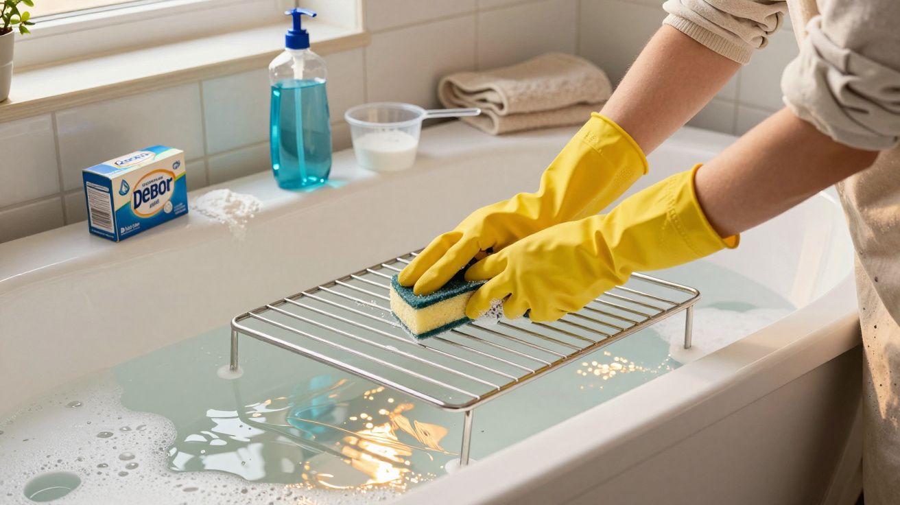 Pessoa usando luvas amarelas limpando grade metálica sobre pia com água e sabão líquido azul.