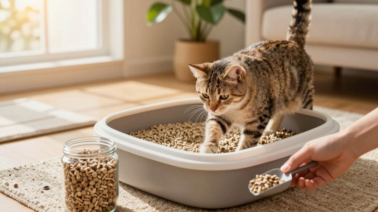 Gato entrando em caixa de areia para gatos enquanto pessoa adiciona pellets absorventes com pá.