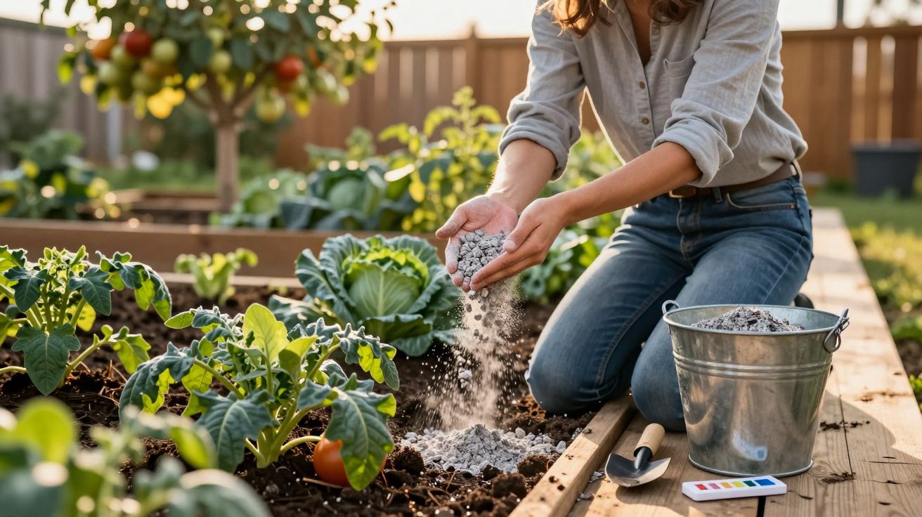Pessoa espalhando fertilizante em hortaliças em canteiro elevado com regador e teste de pH ao lado.