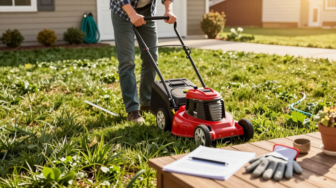 Pessoa cortando grama alta com um cortador vermelho em jardim residencial ao entardecer.