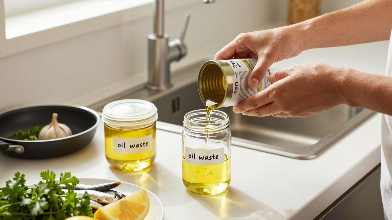Pessoa despejando óleo usado em pote de vidro rotulado como "oil waste" na cozinha.