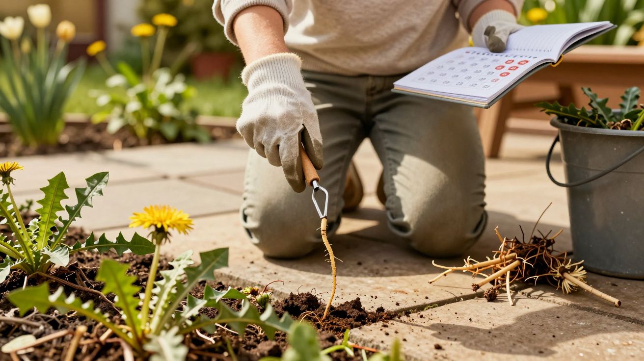 Pessoa de joelhos removendo ervas daninhas do jardim com ferramentas e livro de consulta ao ar livre.