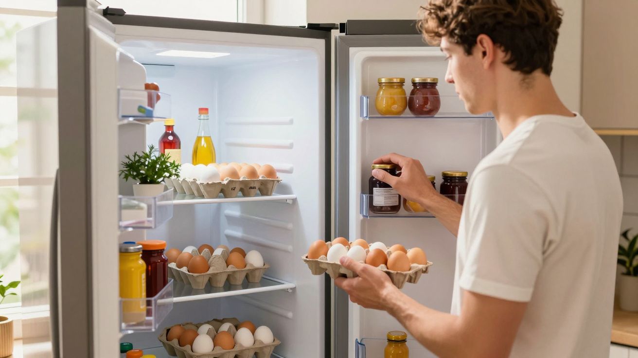 Homem colocando ovos na geladeira aberta cheia de alimentos e potes na porta em cozinha iluminada.