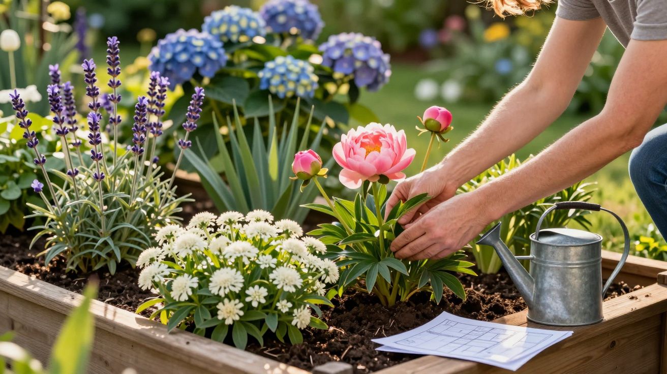 Pessoa cuidando de flores coloridas em canteiro de madeira, com regador e plantações ao fundo.
