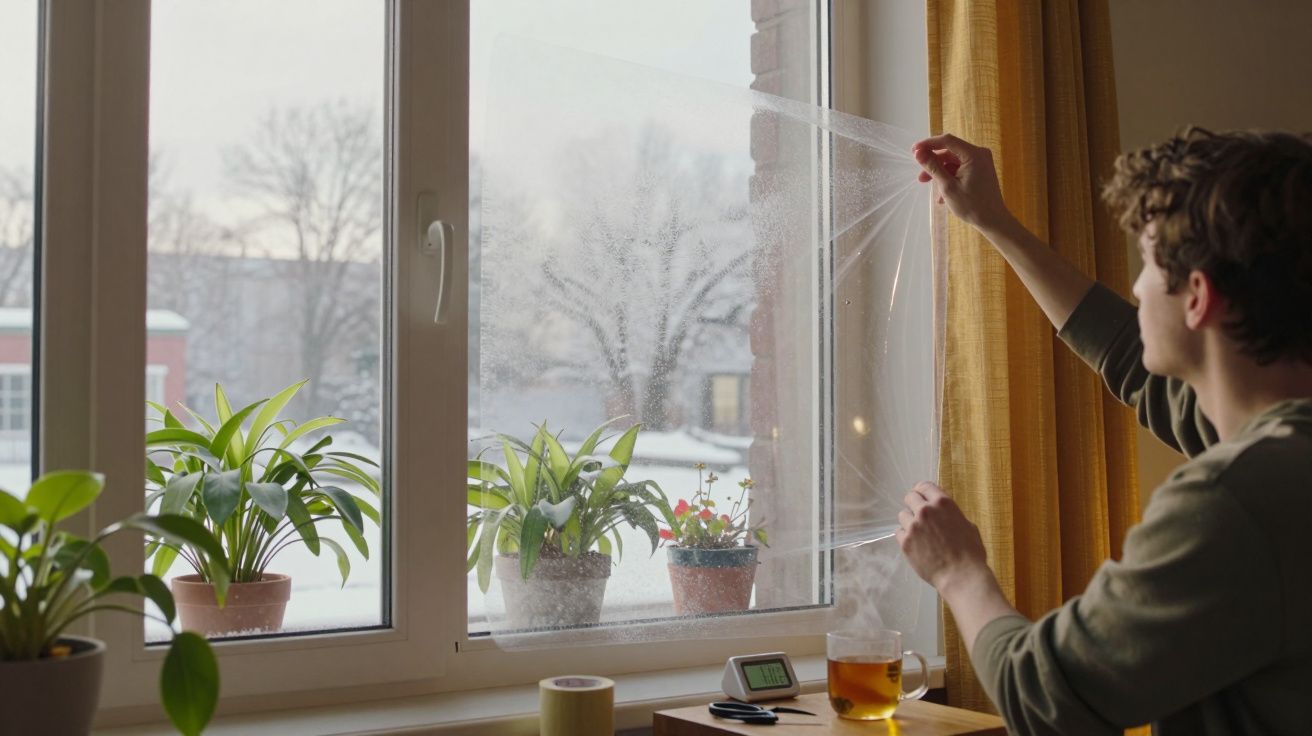 Pessoa aplicando filme protetor em janela com plantas ao fundo e paisagem nevada.