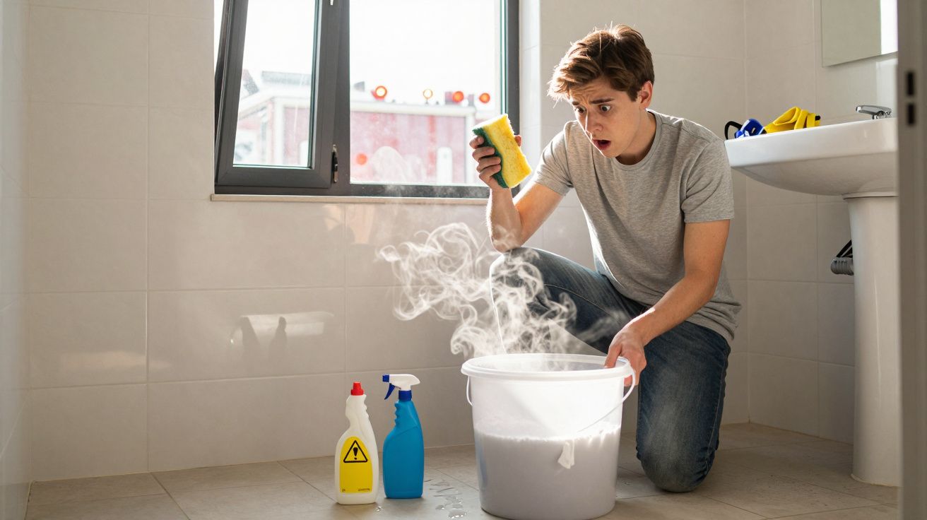Jovem de camiseta cinza surpreso com vapor saindo de balde branco em banheiro ao lado de produtos de limpeza.