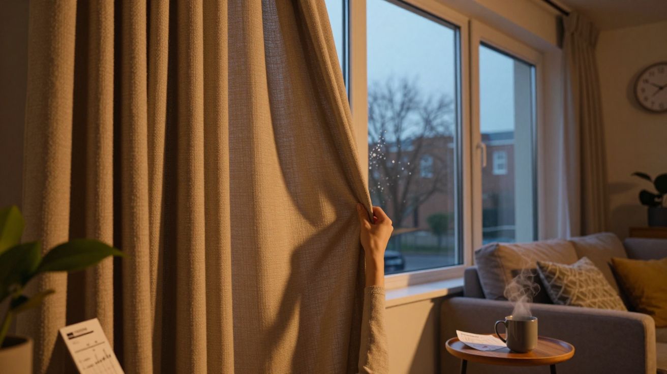 Mão abrindo cortina bege em sala aconchegante com sofá, mesa com xícara fumegante e janela ao anoitecer.