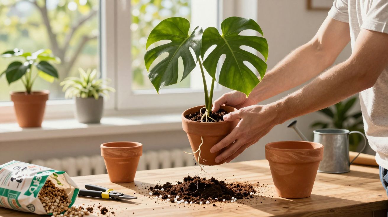 Pessoa transplantando planta Monstera em vaso de barro sobre mesa com terra e ferramentas.
