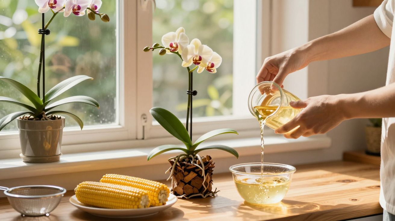 Pessoa despejando líquido em uma tigela sobre mesa de madeira com orquídeas e espigas de milho ao lado.