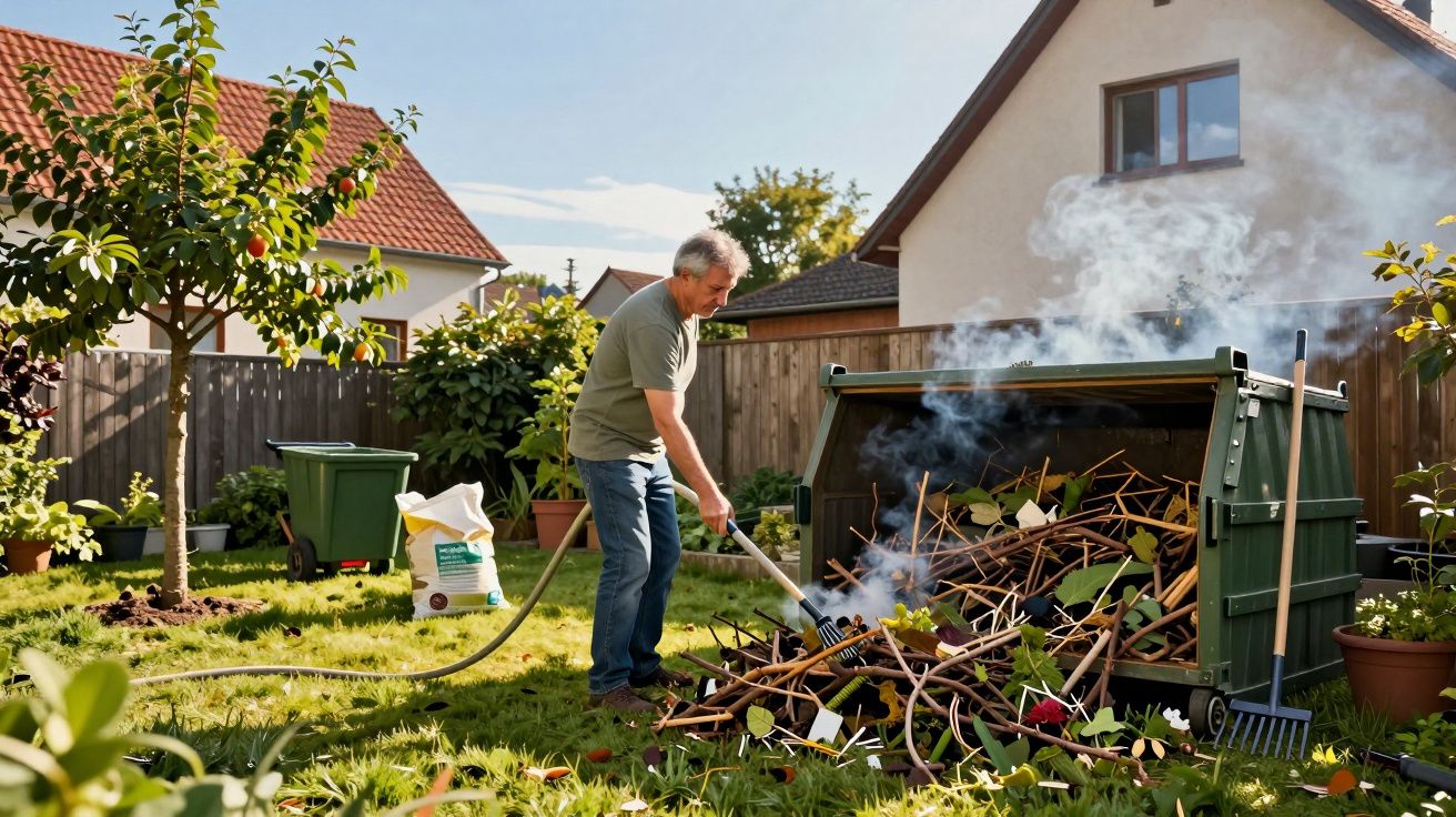 Homem regando incêndio controlado em montão de galhos e folhas no quintal de casa durante o dia.