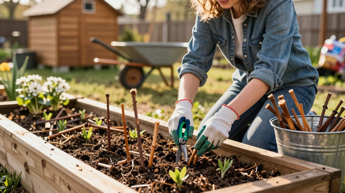 Pessoa cuidando de mudas e aparando galhos em canteiro elevado de madeira em jardim ao ar livre.