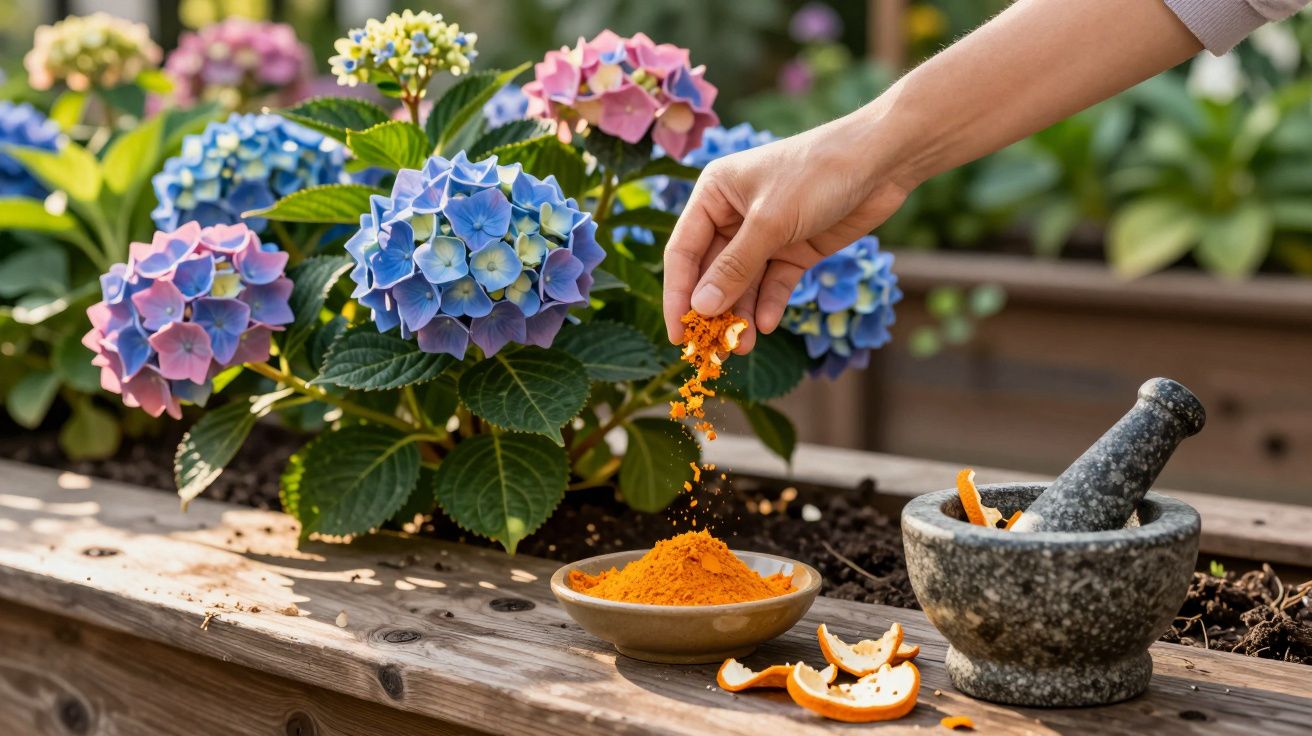 Mão espalhando pó laranja ao lado de flores coloridas em vaso de madeira com almofariz e pilão ao lado.