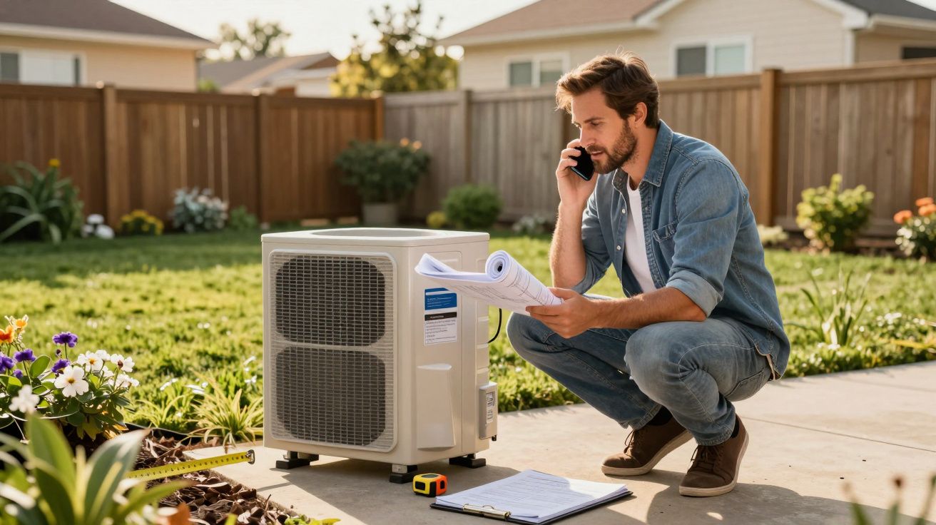 Homem com roupa casual verifica aparelho de ar-condicionado externo enquanto fala ao celular no jardim de casa.