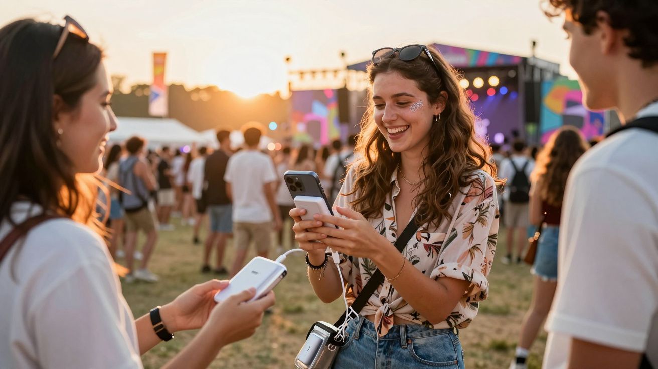 Grupo de jovens sorrindo e usando celulares em festival ao ar livre ao pôr do sol.