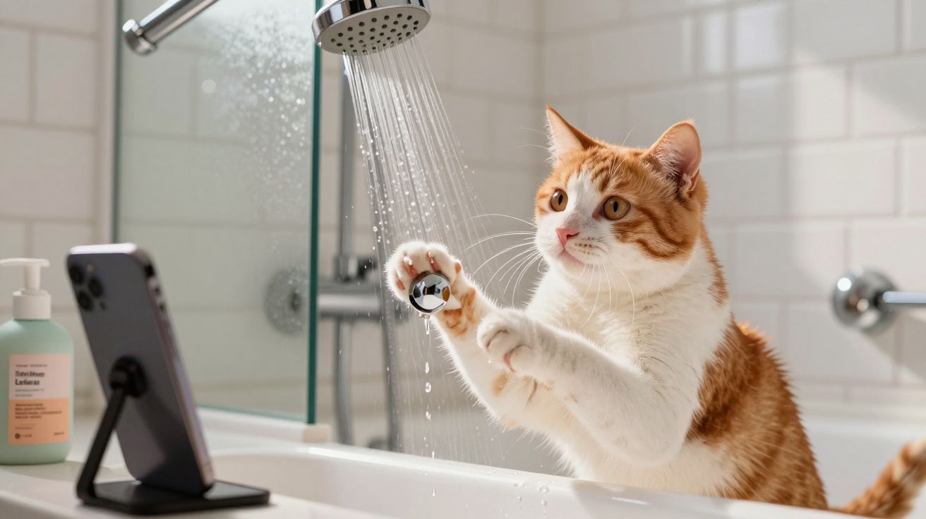 Gato branco e laranja brincando com água da ducha em banheiro, com celular em suporte ao lado.