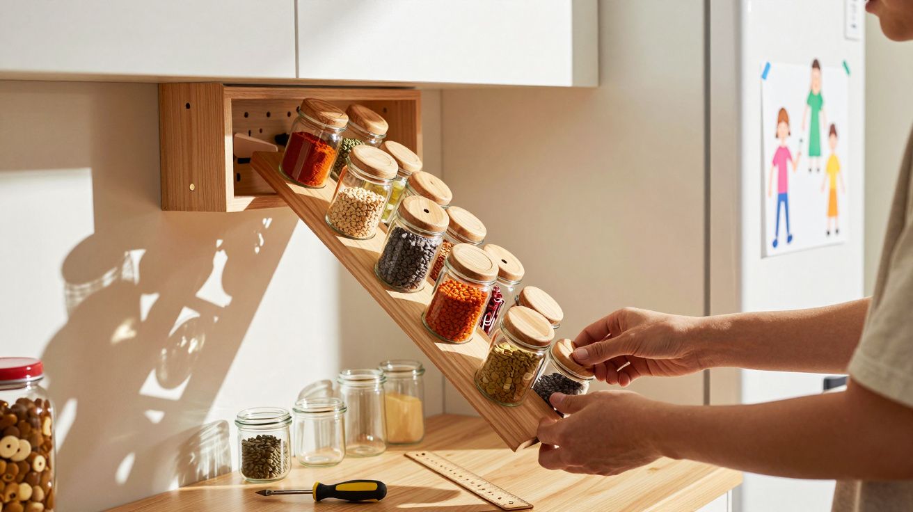 Pessoa segurando prateleira inclinada com potes de vidro contendo temperos e grãos na cozinha.