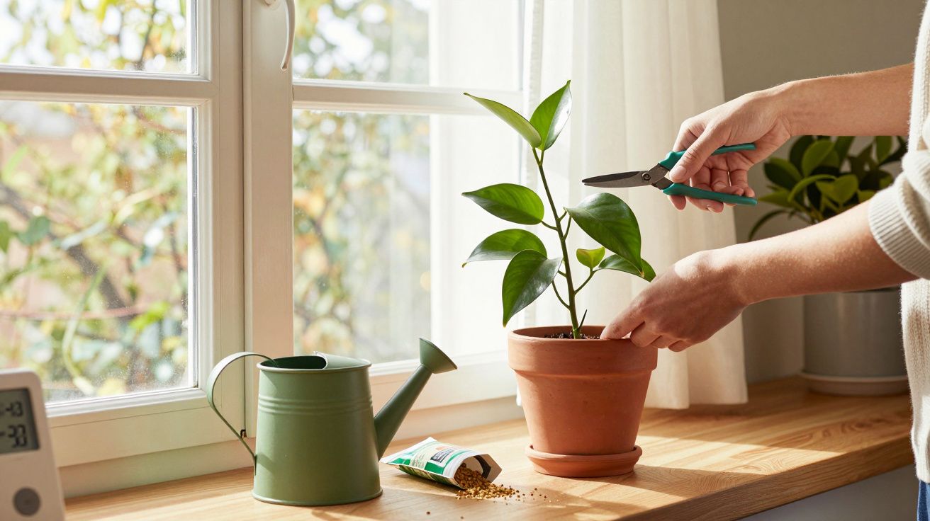 Pessoa podando planta em vaso de cerâmica perto de regador e semente na borda de madeira junto à janela.