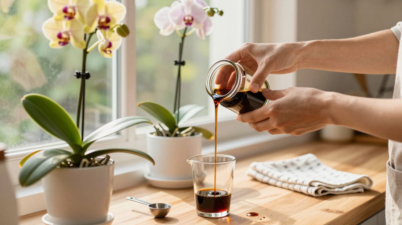 Pessoa servindo café em copo de vidro em bancada de madeira com orquídeas ao fundo.