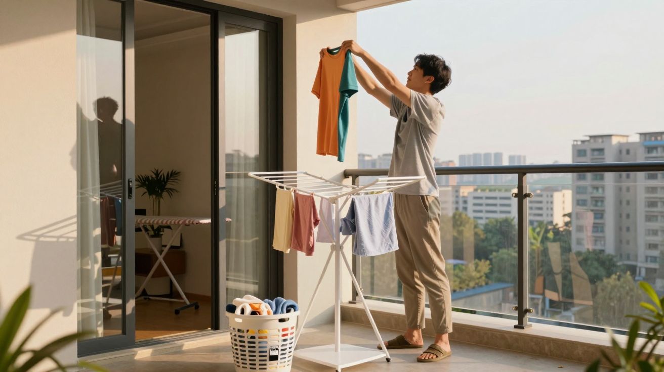 Jovem pendurando roupas em varal portátil na varanda de apartamento ensolarado.