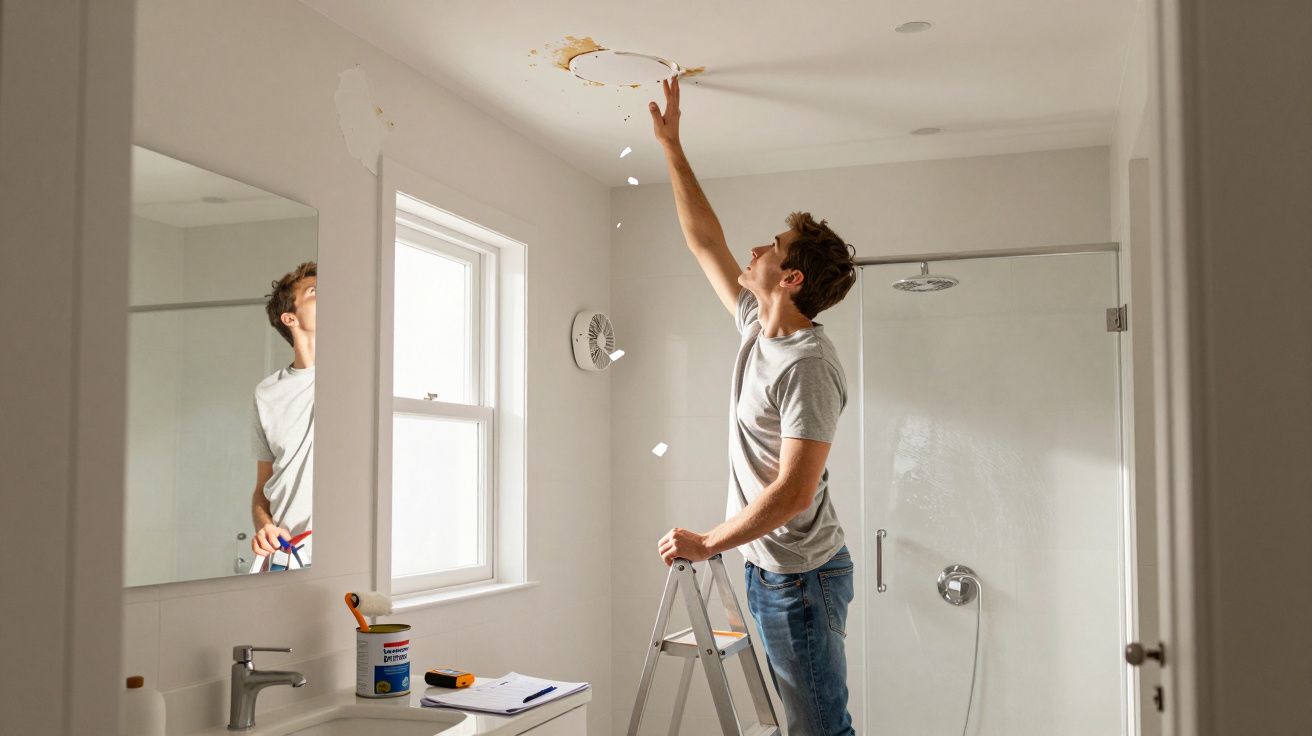 Homem em escada verifica dano no teto causado por infiltração em banheiro iluminado por janela.