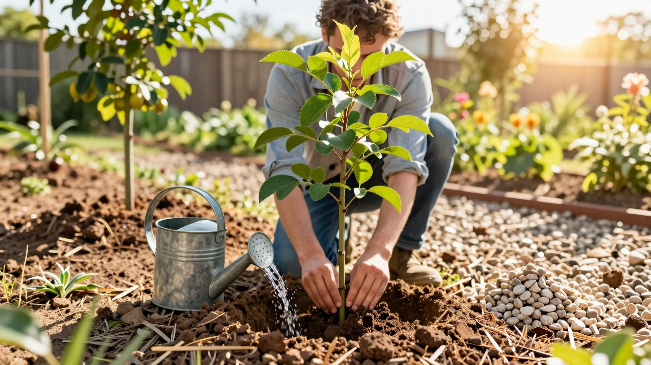Homem plantando e regando muda de árvore em jardim ensolarado com regador metálico ao lado.