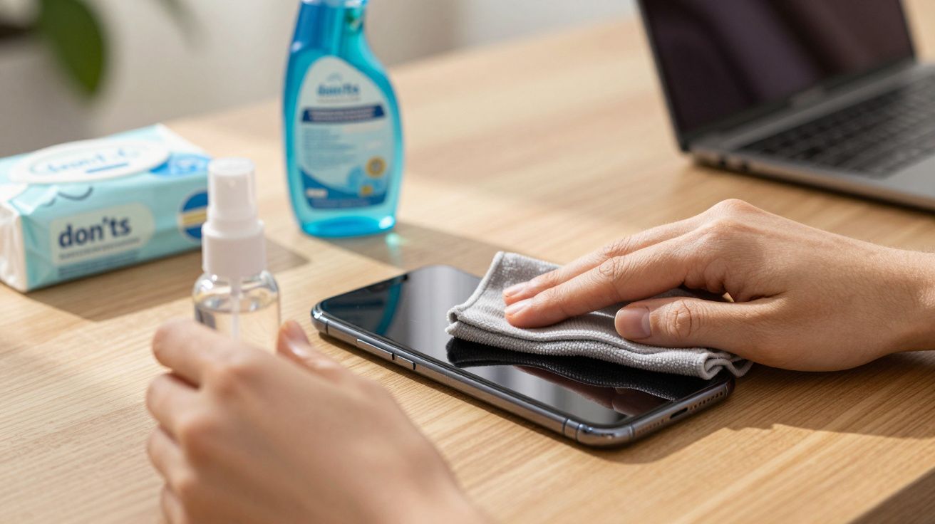 Pessoa limpando a tela de um celular com pano ao lado de álcool em gel e lenços umedecidos.