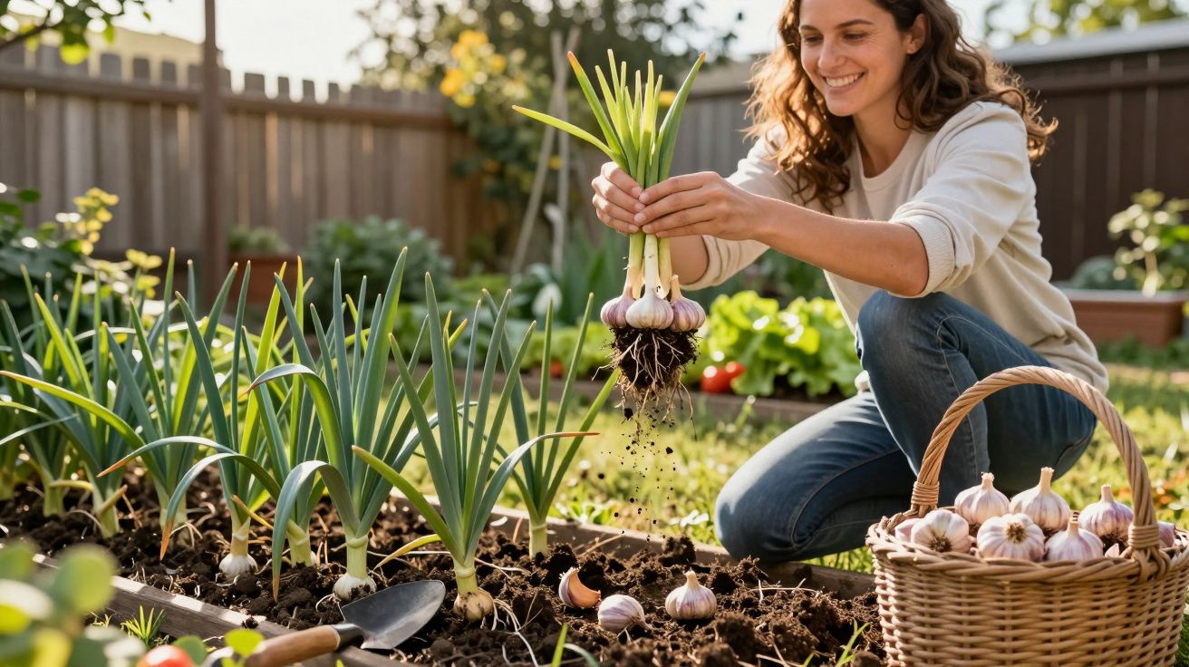 Mulher colhendo alho em jardim, com cesta cheia ao lado, sorrindo em área externa ensolarada.