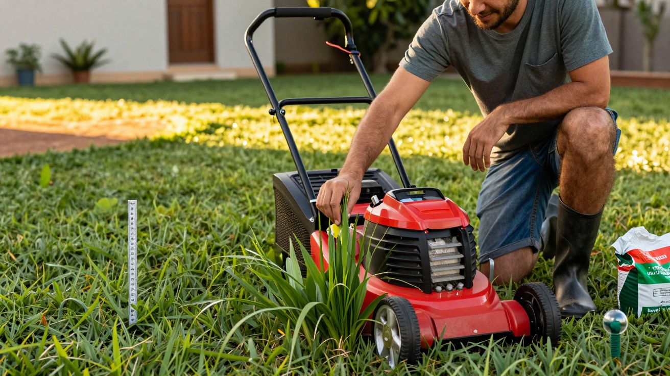 Homem ajoelhado ajusta cortador de grama vermelho em jardim com grama alta e plantas ao redor.