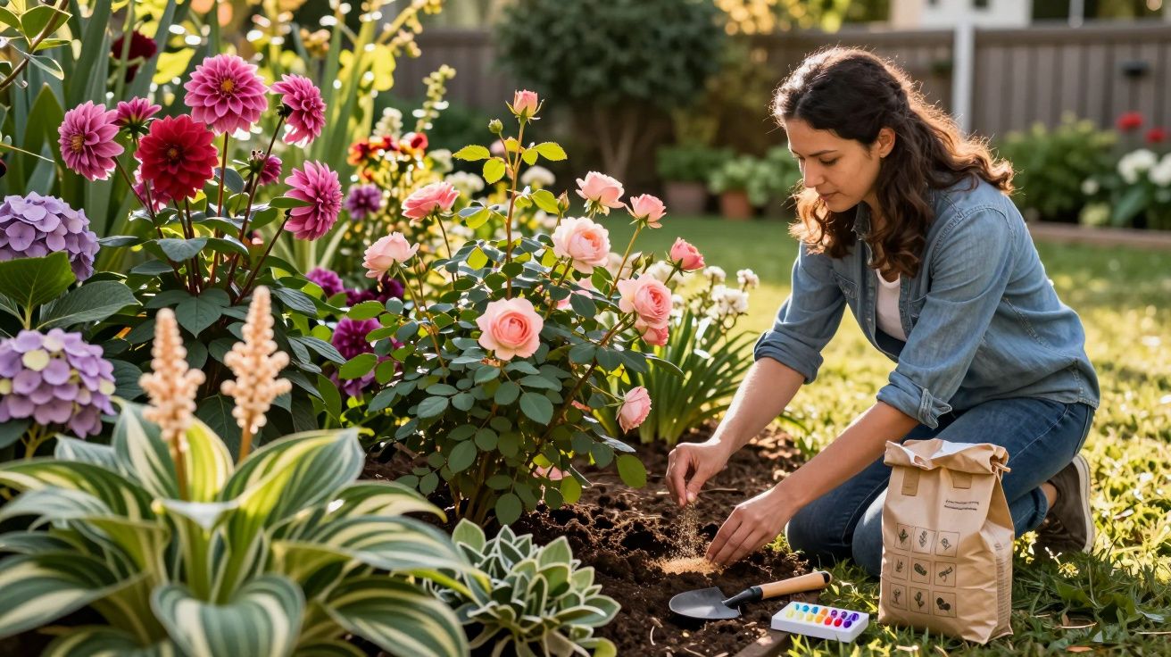 Mulher plantando flores em jardim cheio de rosas e outras flores coloridas em dia ensolarado.