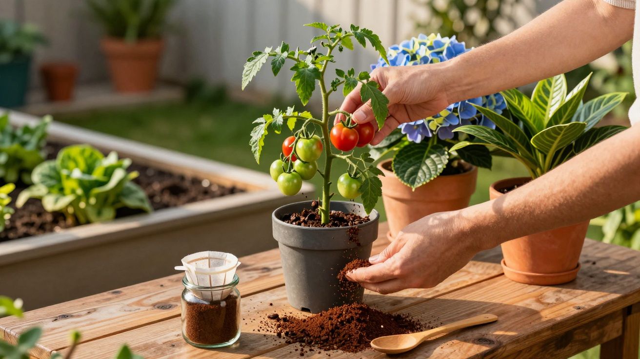 Mãos cuidando de planta de tomateiro em vaso, com tomate maduro e verde, em mesa de madeira ao ar livre.