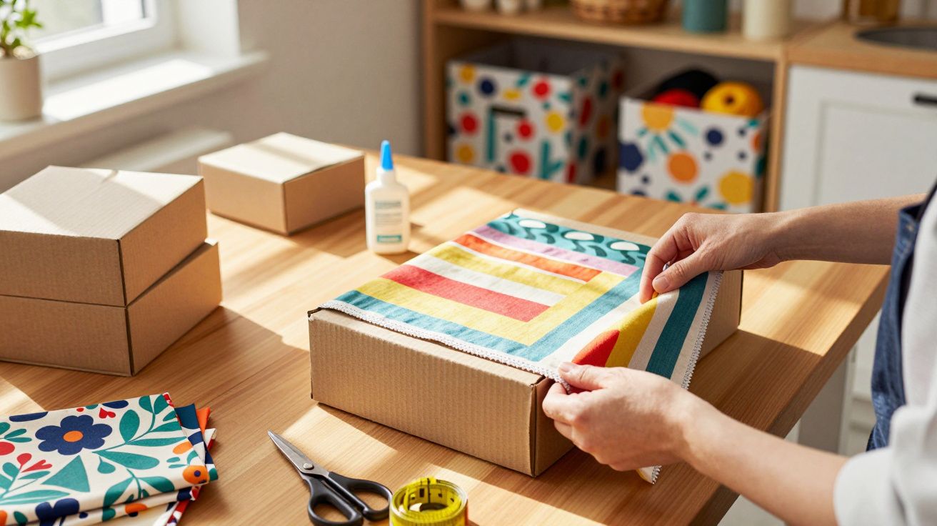 Pessoa embalando caixa de papelão com tecido colorido sobre mesa de madeira iluminada pela luz natural.