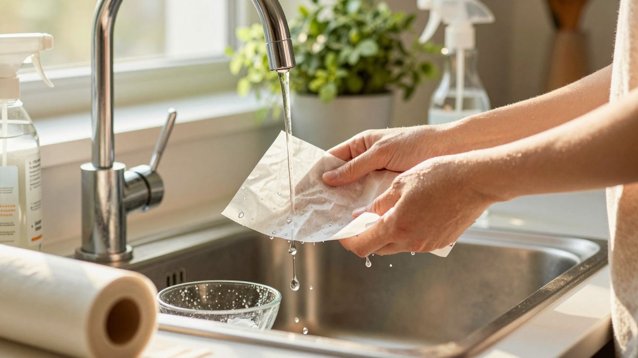 Mãos molhando um pano de limpeza na torneira da pia de cozinha com luz natural e plantas ao fundo.