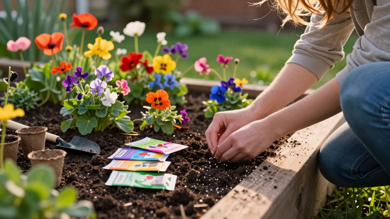 Pessoa plantando sementes em canteiro com flores coloridas e pacotes de sementes ao lado.