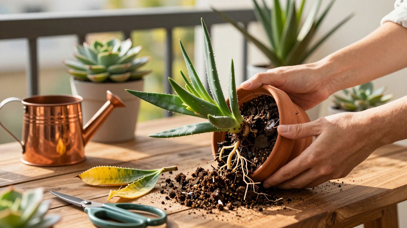 Mãos transplantando suculenta com raízes, terra e regador sobre mesa de madeira, com outras suculentas ao fundo.