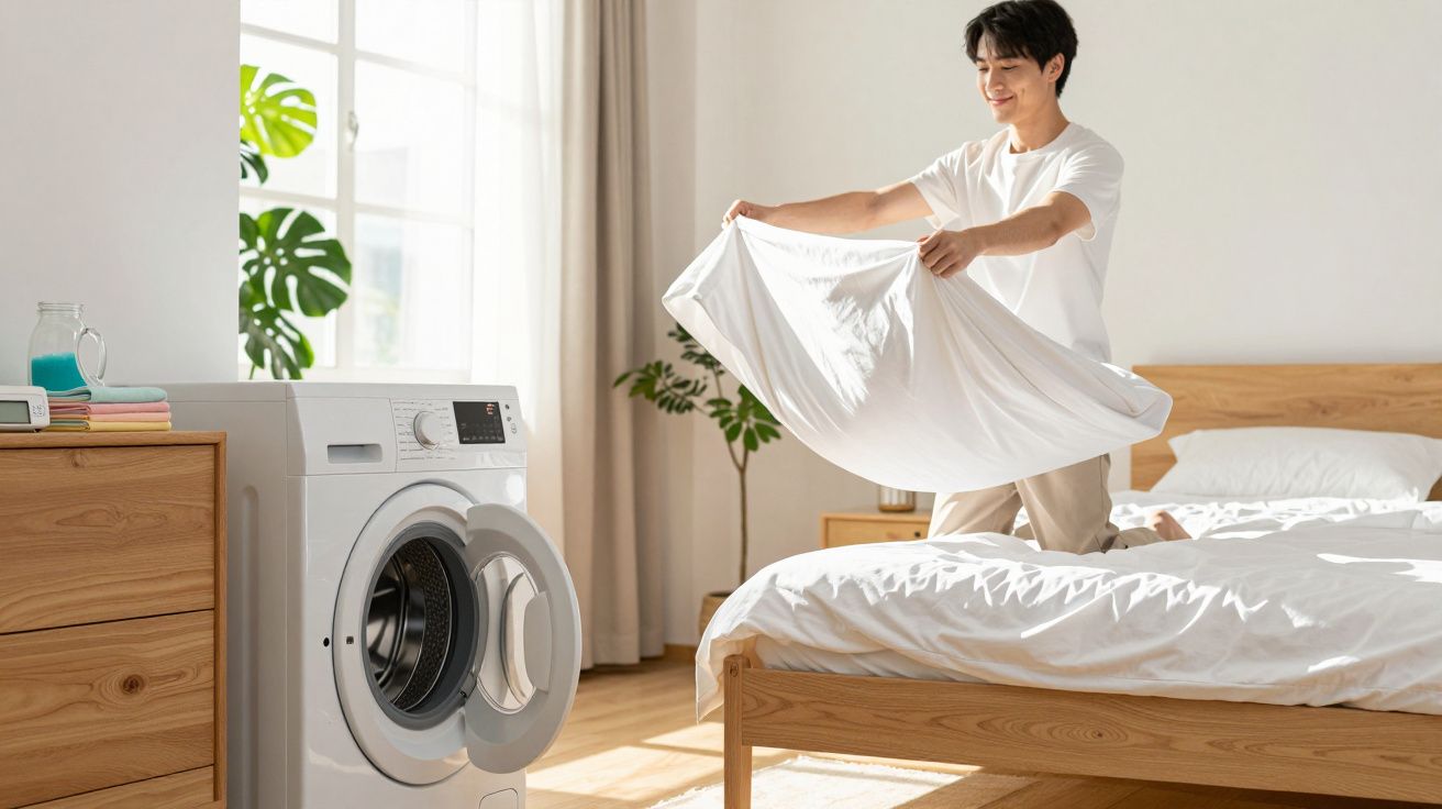 Homem sorridente arrumando lençol branco perto de máquina de lavar em quarto iluminado.