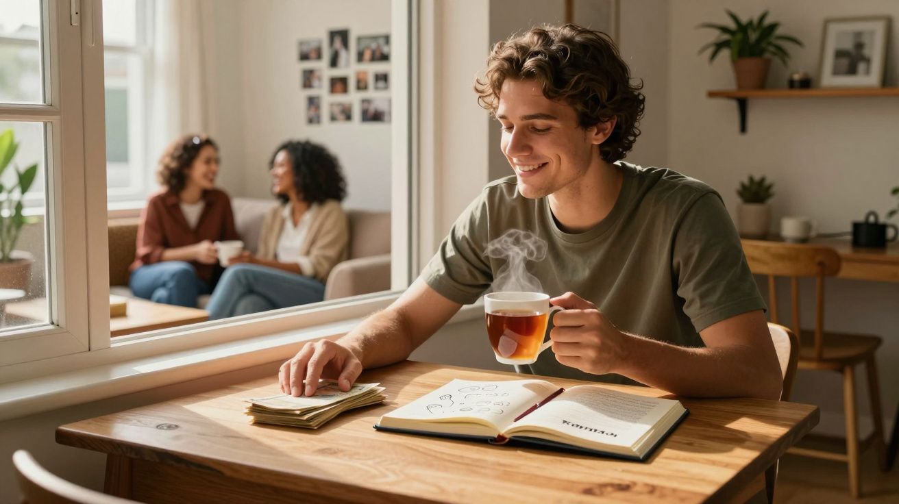 Jovem sentado à mesa bebendo chá e lendo livro, enquanto duas mulheres conversam ao fundo.
