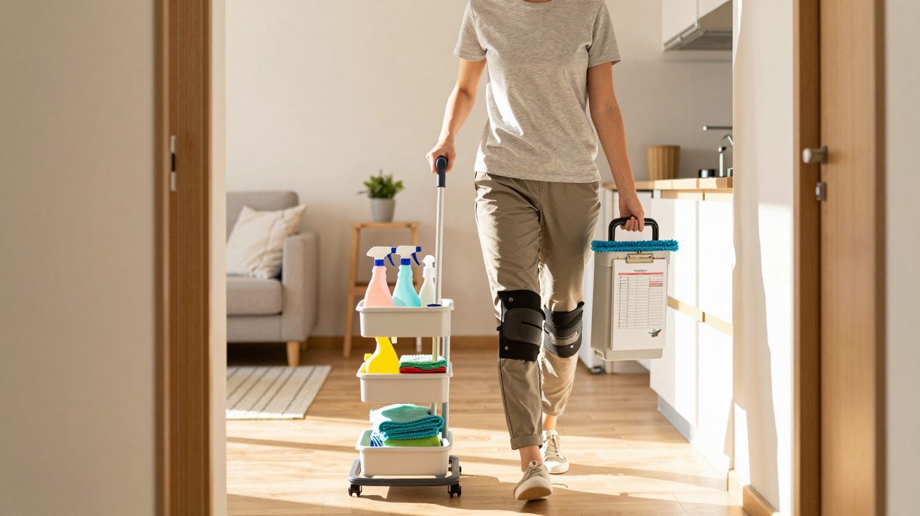 Pessoa com joelheiras empurrando carrinho de limpeza com produtos em ambiente doméstico.