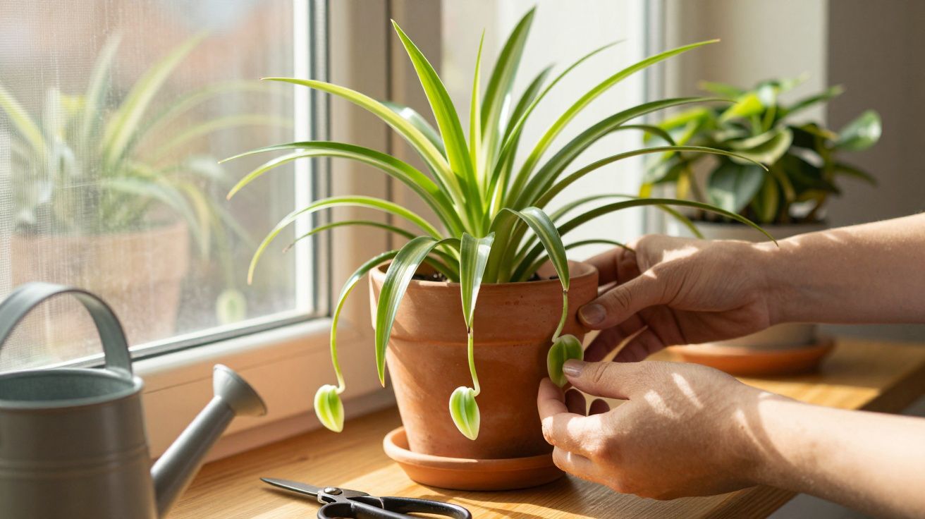 Mãos cuidadosas ajustando vaso de planta verde perto da janela com regador e tesoura sobre a mesa de madeira.