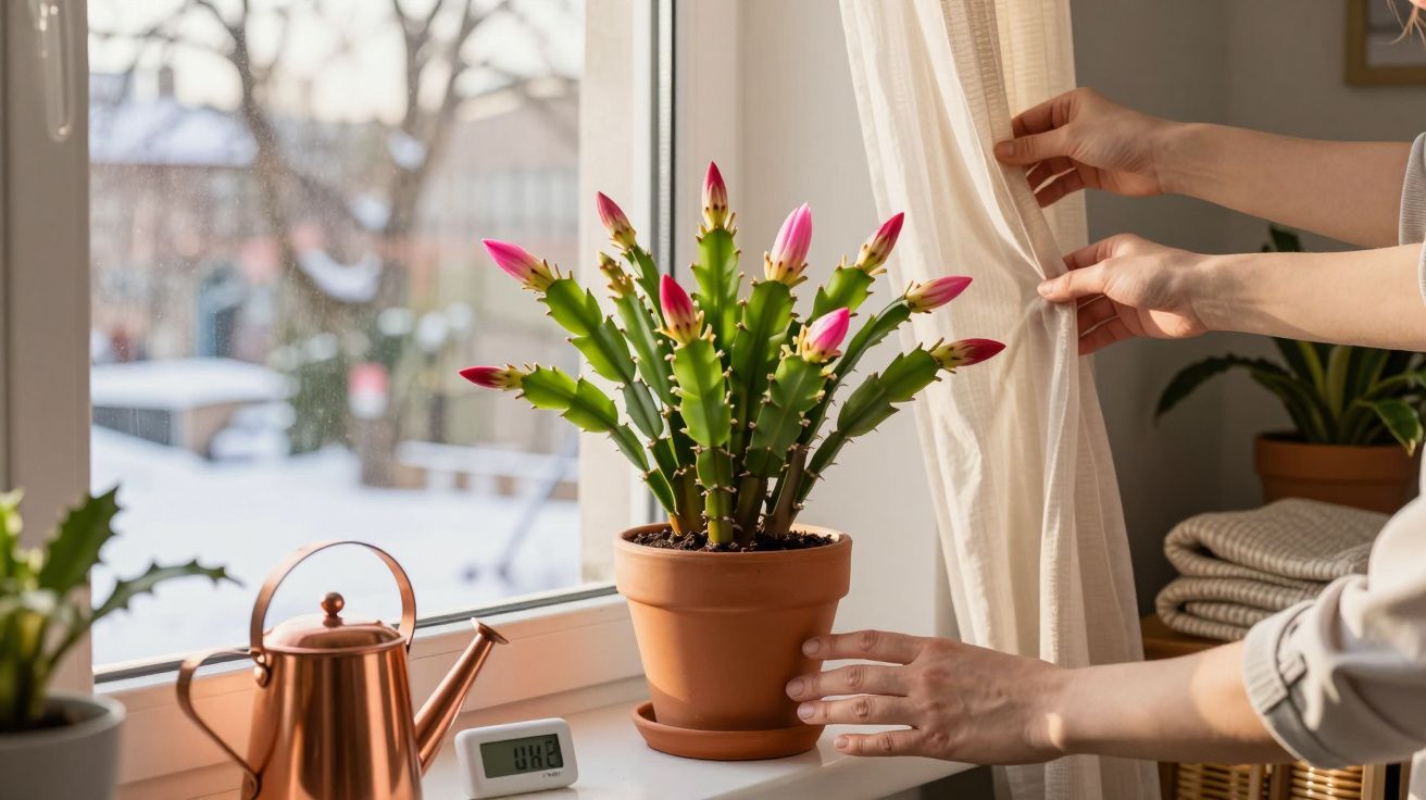 Mãos abrindo cortina perto de vaso com cacto florido na janela em ambiente interno iluminado.