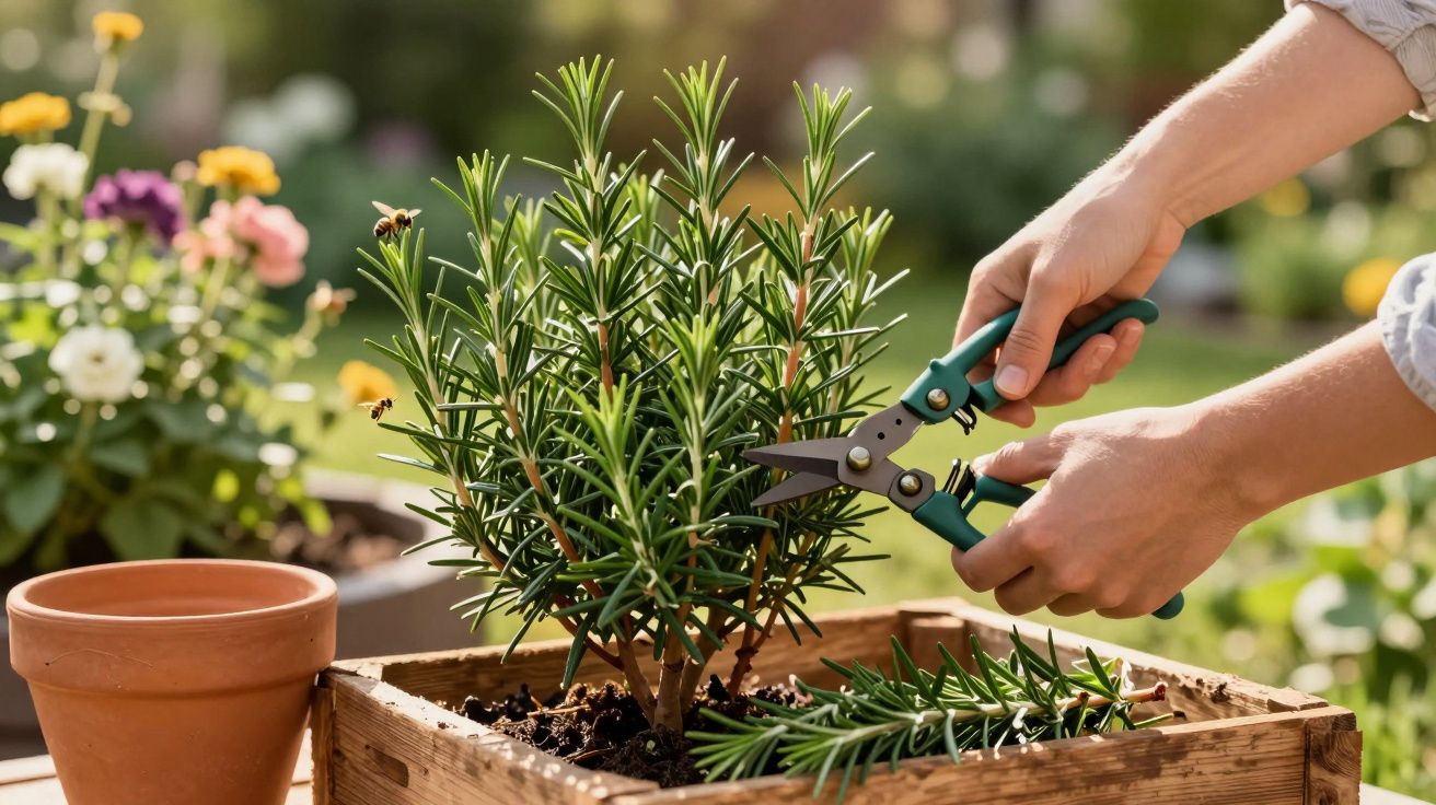 Mãos podando alecrim em vaso de madeira com flores desfocadas ao fundo em ambiente ao ar livre.