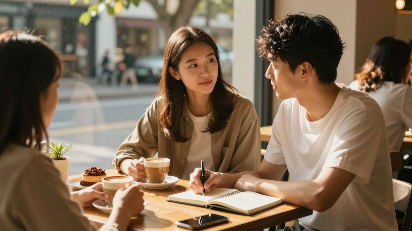 Três jovens conversando e tomando café em cafeteria iluminada, com notebook e prato de sobremesa na mesa.