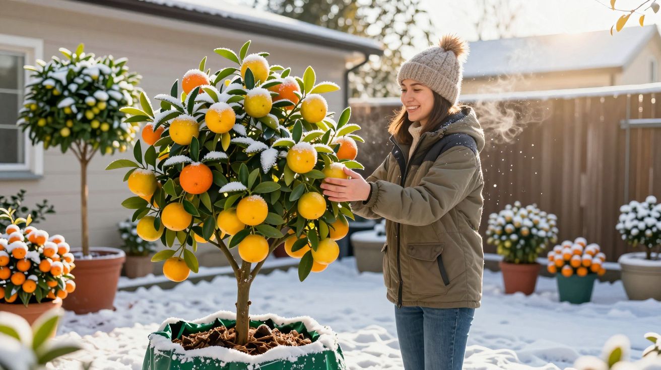 Mulher sorrindo colhendo frutas cítricas em vaso coberto de neve em jardim residencial ao amanhecer.