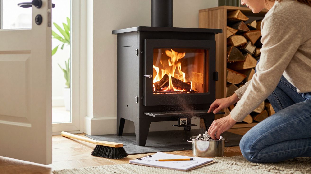 Mulher acendendo fogo em lareira de ferro em sala com madeira empilhada ao fundo.
