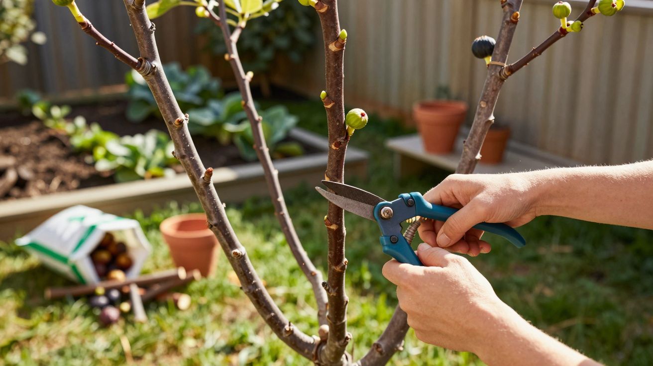 Pessoa podando galho fino de árvore com tesoura de jardim em área externa com vasos e saco de adubo ao fundo.