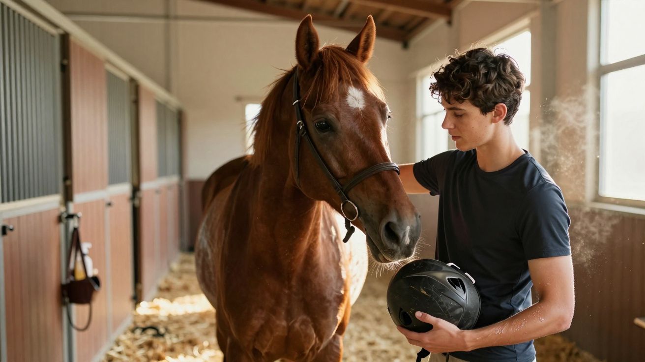 Jovem acaricia cavalo castanho dentro de estábulo, segurando capacete de montaria preto.